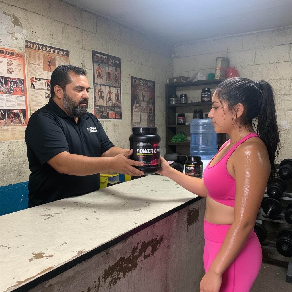 Recepcionista de gimnasio vendiendo proteína con el logo del gym a un cliente