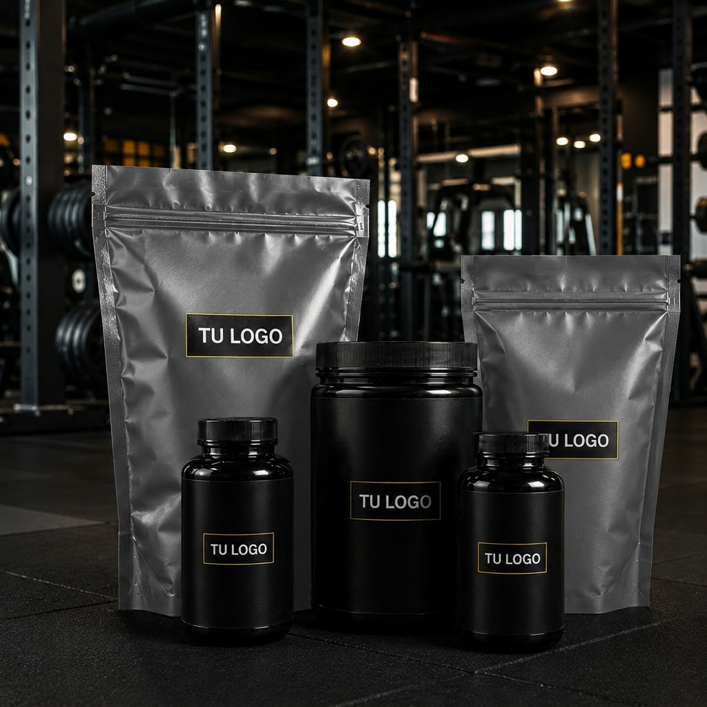 Proteína con tu marca — bolsas, frascos y botes